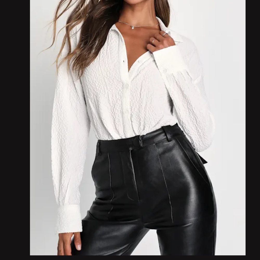 Lulu's Unique Icon White Textured Button-Up Long Sleeve Bodysuit